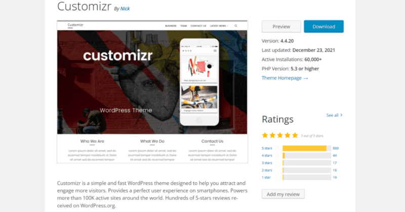 Customizr review page on WordPress.org